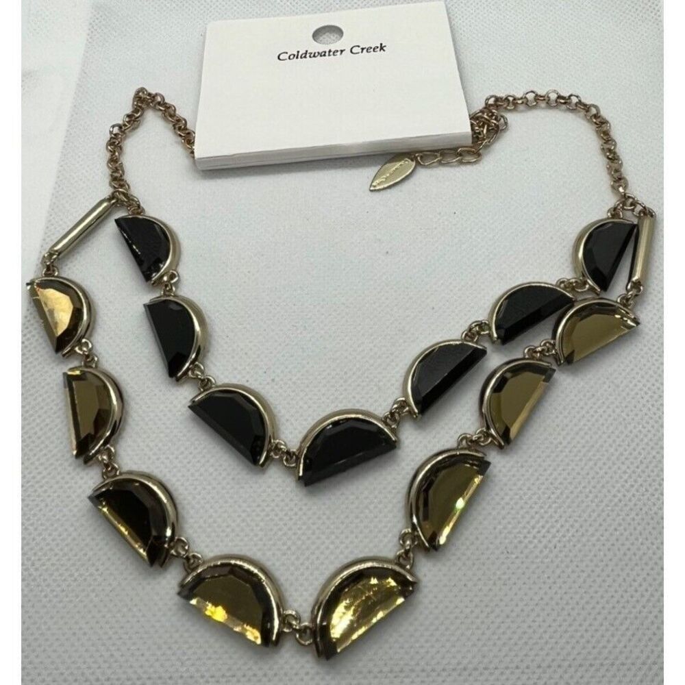 Coldwater Creek‎ Black Amber Glass Half Moon Gems Layered NWT Gold Tone Necklace